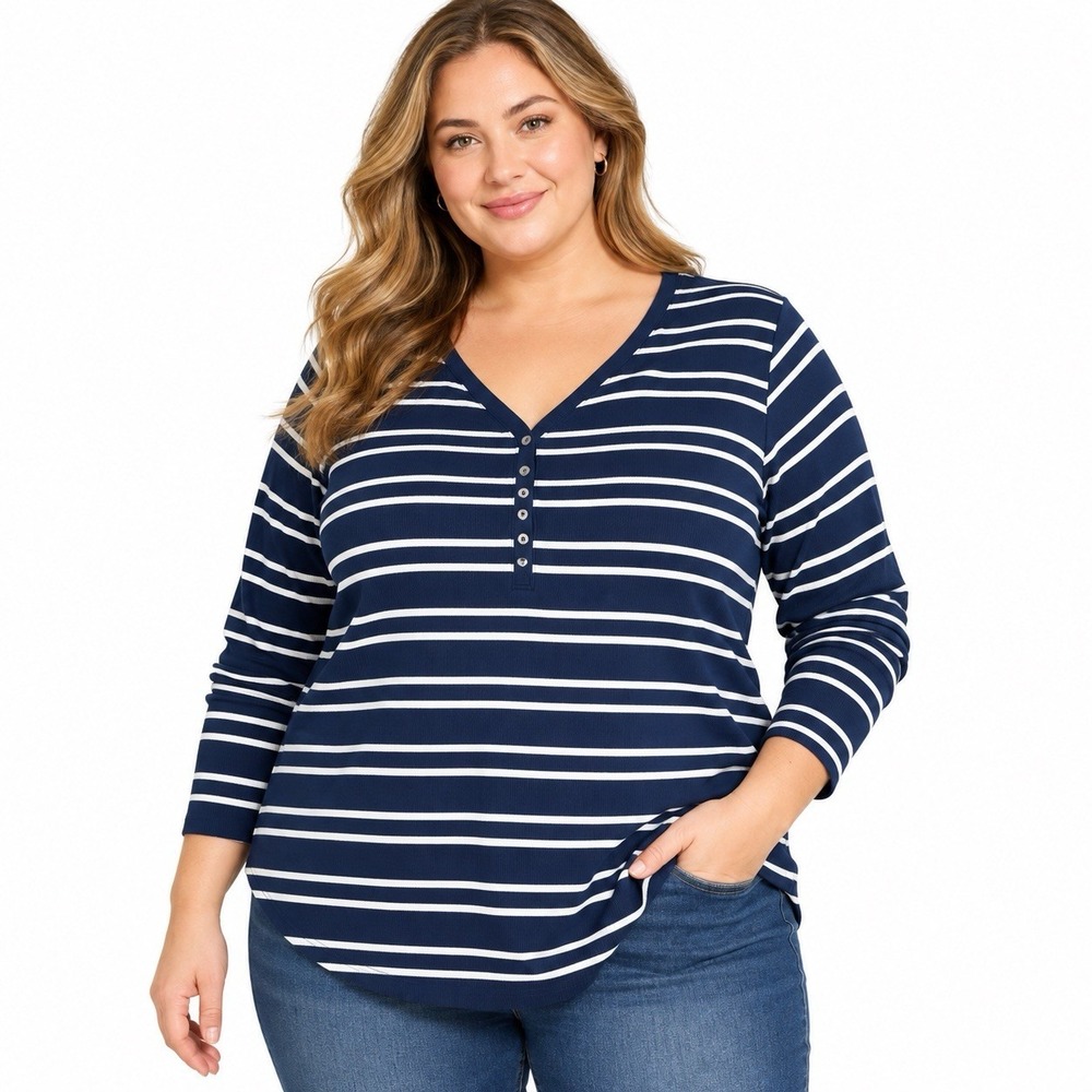 NWT Women's Plus Size Sonoma 5X Navy White Stripe Ribbed Long Sleeve Henley Top